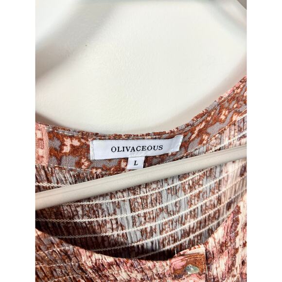 Olivaceous Women's Patchwork Tiered Midi Dress Boho Earthy Rust Beige Size Large - Picture 8 of 11